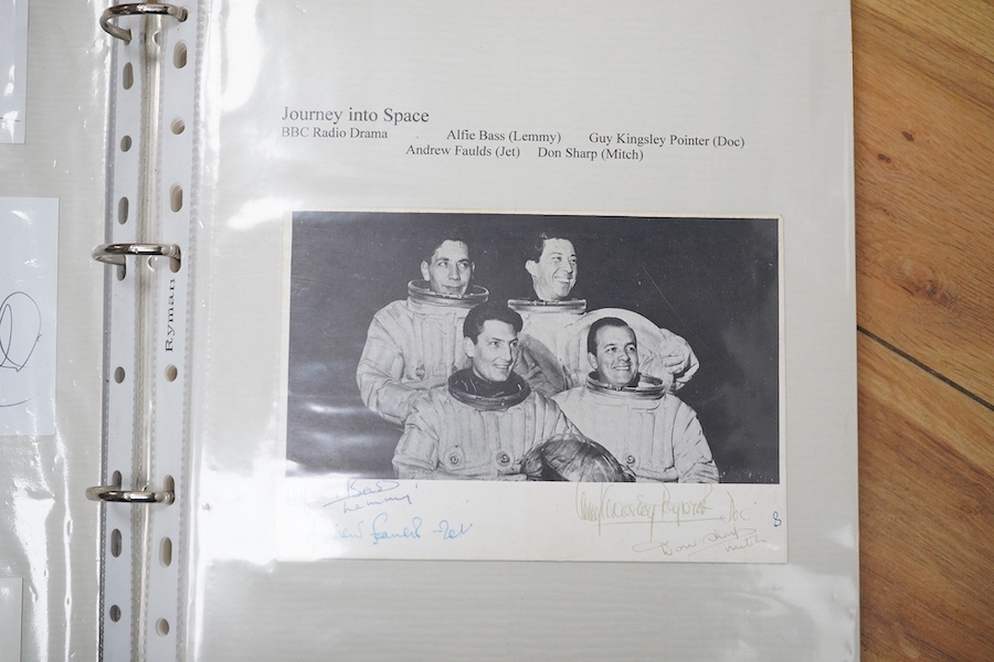 A collection of autographs, signed photos, and signed theatre programmes contained within two folders, celebrities including; Bud Flanagan, Frankie Vaughan, Herbie Hancock, Marty Wilde, Cliff Richard, Lisa Stevens, Cleo